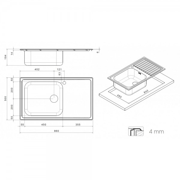 Apell AVG861IRBC Lavello da Incasso 1 Vasca Grande con Gocciolatoio a  Destra 86 x 50 cm Acciaio Inox Serie Anniversario