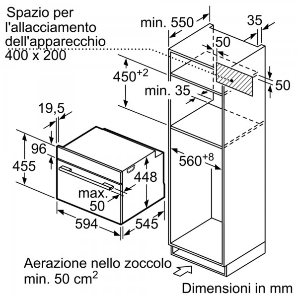 Siemens CP565AGS0 Forno da Incasso Microonde Combinato con Vapore iQ500 per  colonna - Acciaio inox / Nero - 36 litri - 30 programmi - Display LED -  grill - sicurezza bambino 