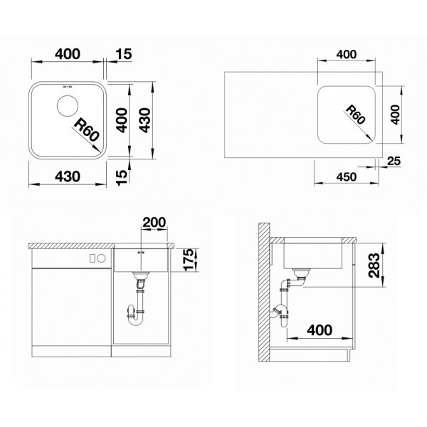 Lavello Blanco Sottotop SUPRA 400-U - 1518201 , Monovasca 40 x 40 Cm - Acciaio  Inox - Lavelli Monovasca - Lavelli inox incasso - Elettrodomestici da  Incasso